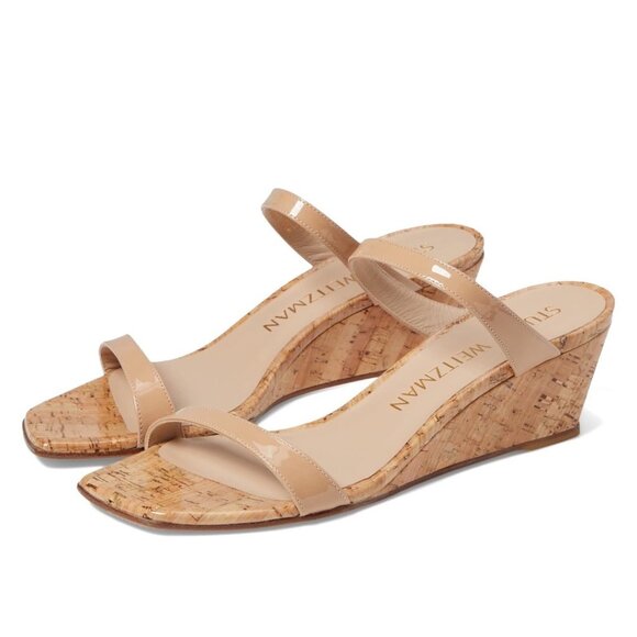 Stuart Weitzman Align II Patent Leather Strappy Wedge Sandal in Beige Size 8.5 - Picture 1 of 13